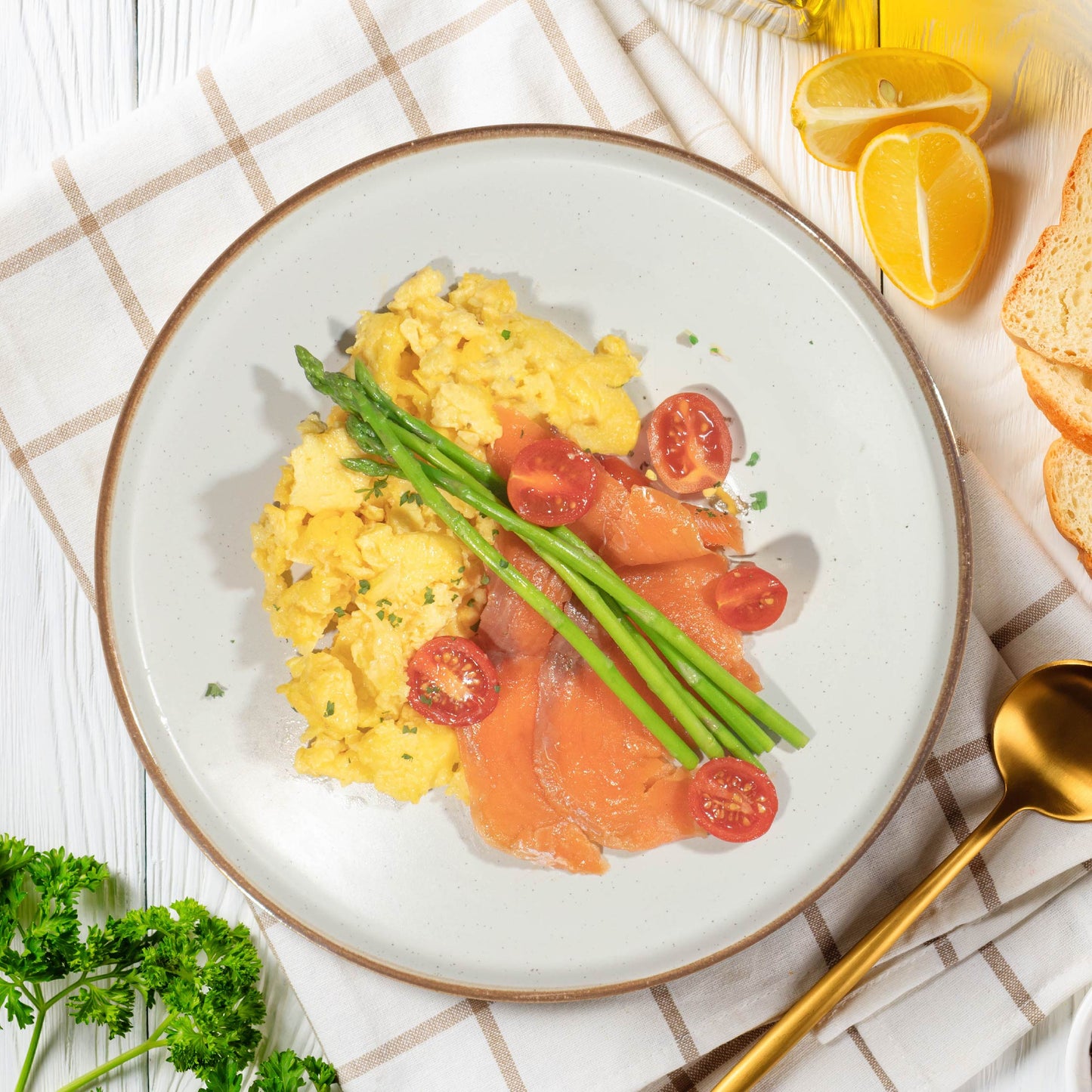 Scrambled Eggs W/ Asparagus, Cherry Tomato And Smoked Salmon