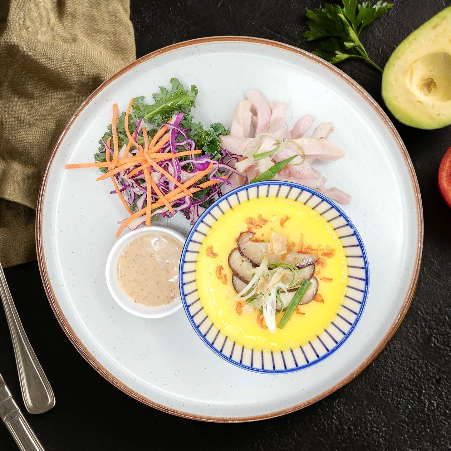 Japanese Steamed Egg Custard W/ Sakura Shrimp And Chicken Breast Salad