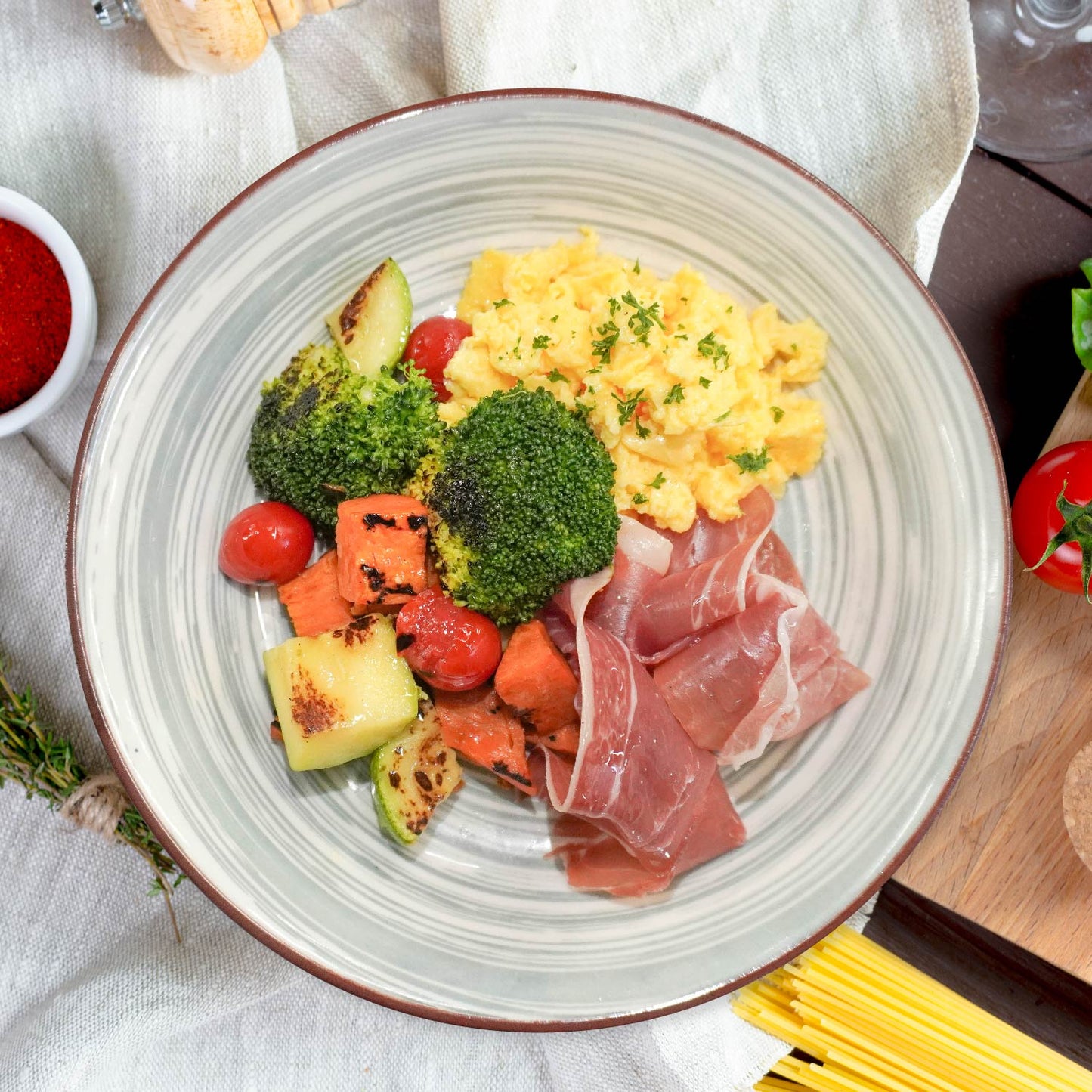 Scrambled Eggs W/ Parma Ham And Roasted Vegetables