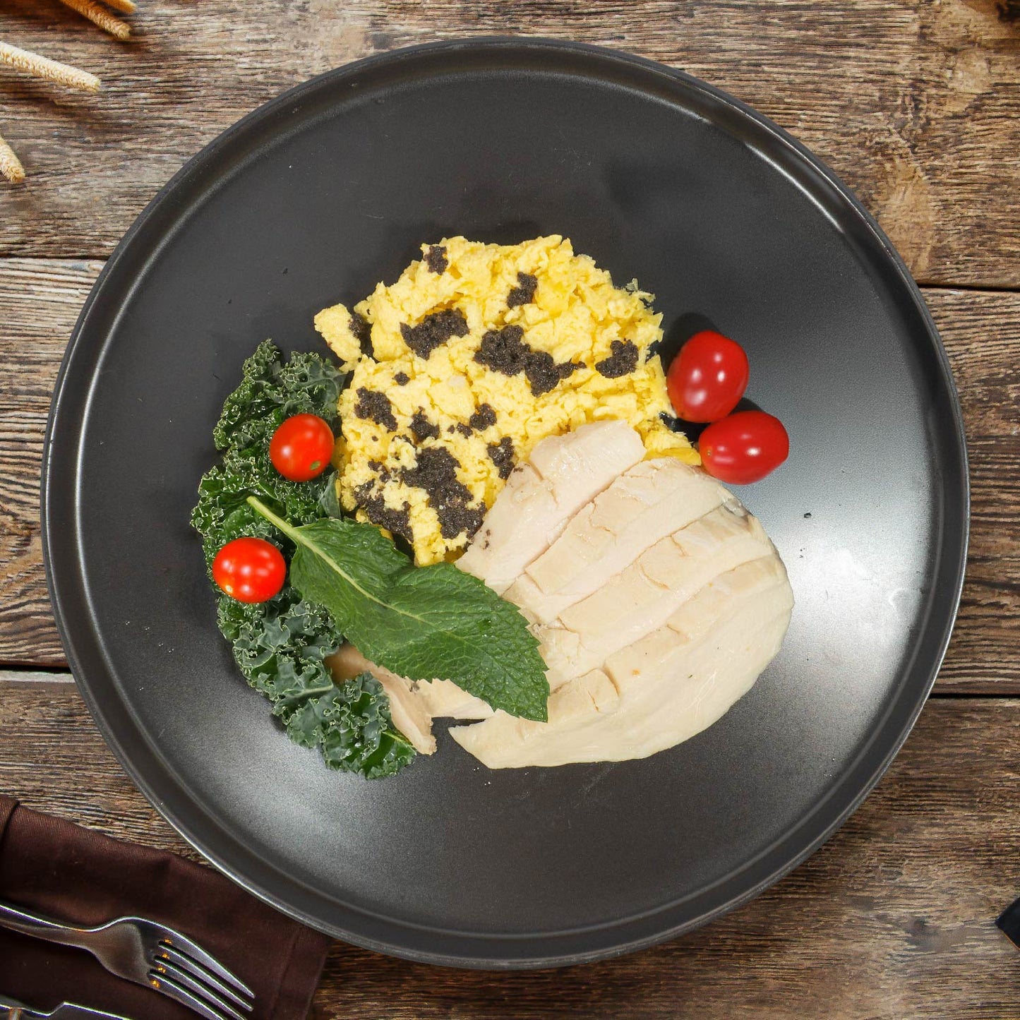 Scrambled Truffle Eggs W/ Chicken Breast and Seasonal Vegetables