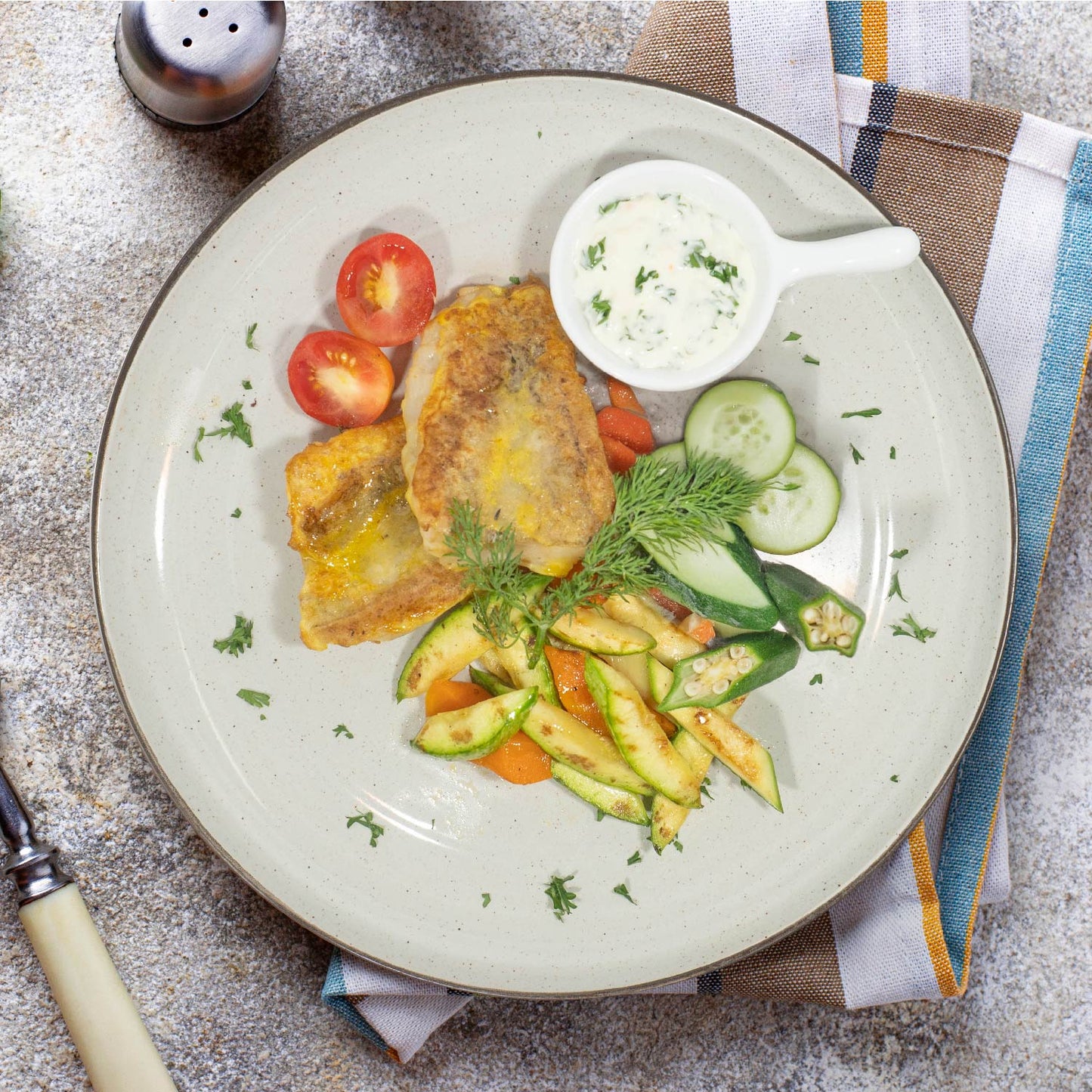 Grilled Wild Halibut W/ Mix Vegetables And Low-Fat Tartare Sauce