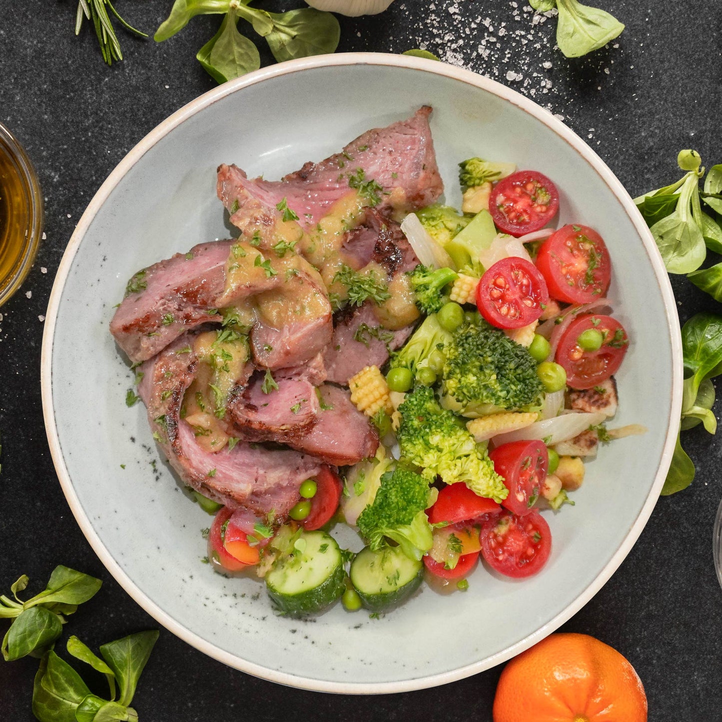 Grilled Ribeye W/ Seasonal Vegetables And Dianne Sauce