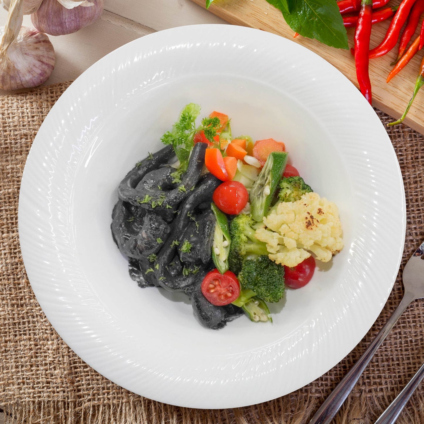 Squid Ink Seafood Linguine W/ Seasonal Vegetables