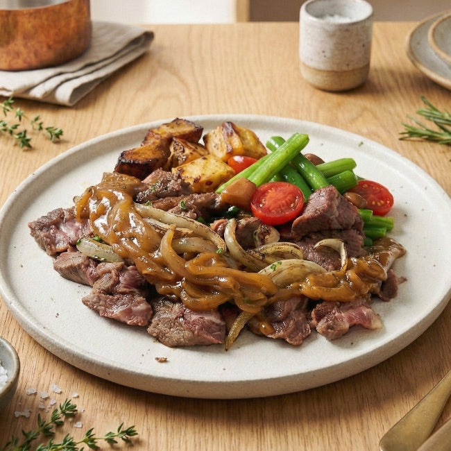 Fittery signature rib eye steak with onion sauce, seasonal greens, and baked potato on a plate.