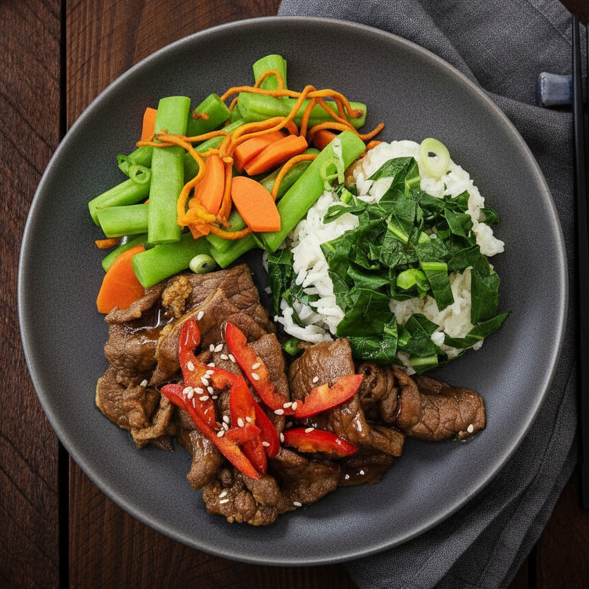 Shanghai Style Garlic Beef W/ Steamed Vegetables And Vegetable Rice