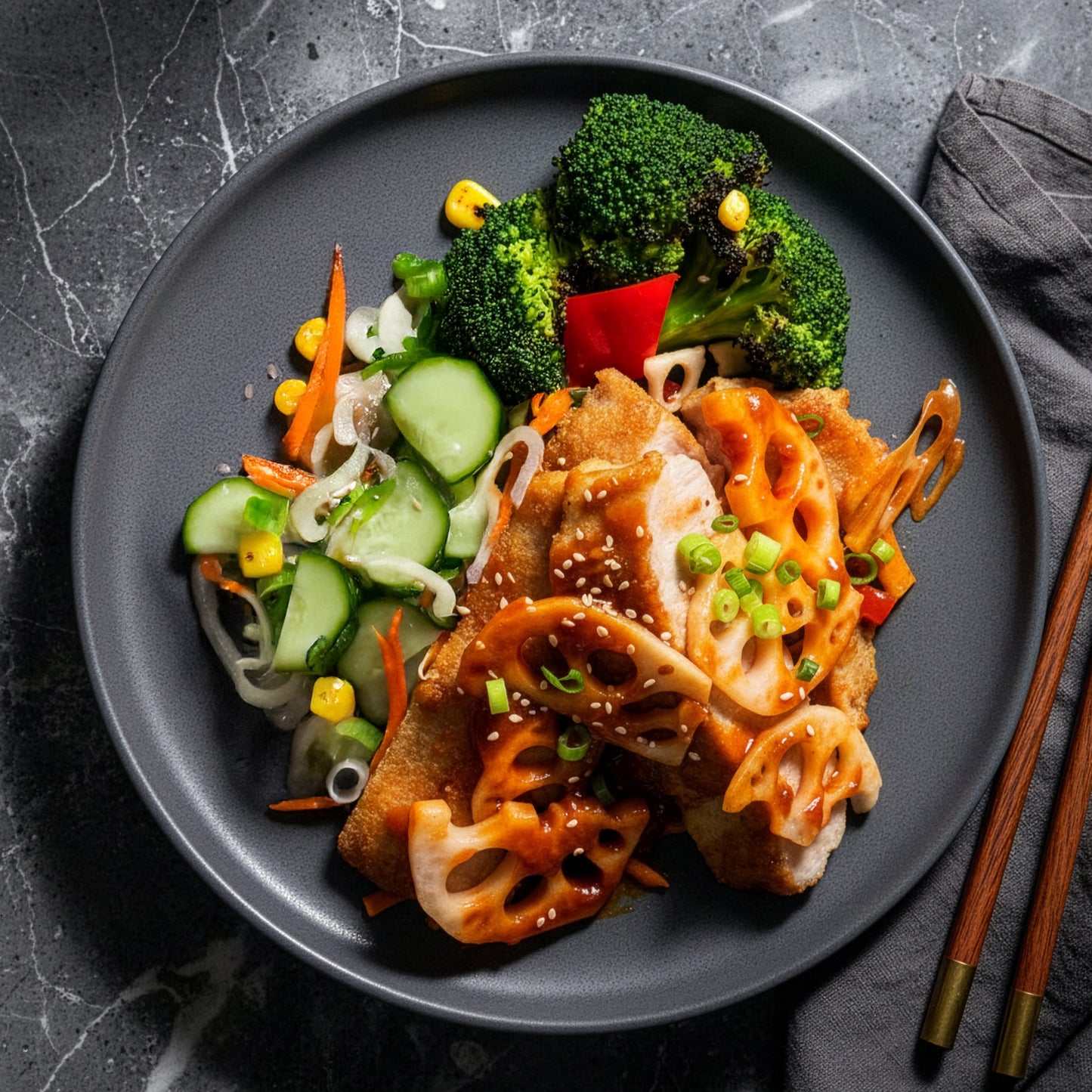 Kung Pao Pork Loin W/ Lotus Root, Seasonal Vegetables