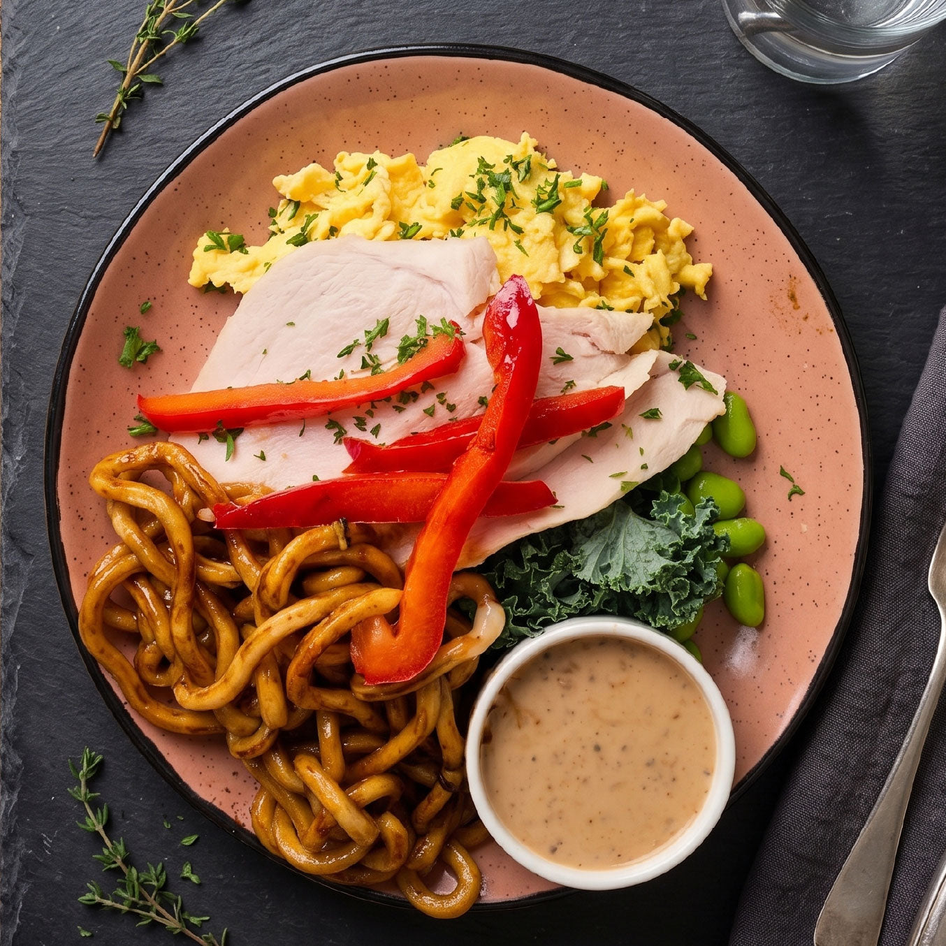 Scrambled Eggs w/ Poached Chicken and Japanese Udon