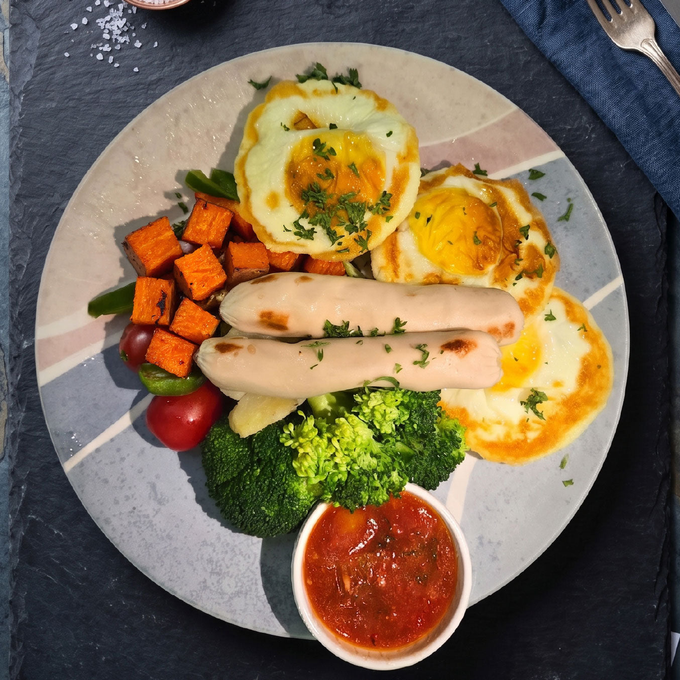 Oven Baked Eggs w/ Lean Veal Sausage and Sweet Potatoes