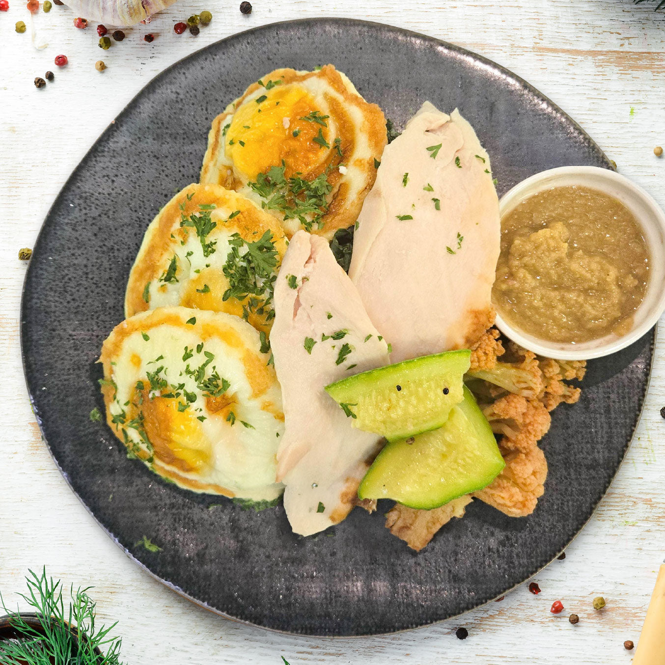 Turkish Baked Eggs w/ Slow Cooked Chicken Breast and Side Salad