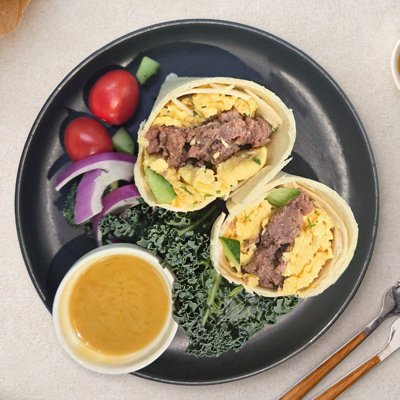 Middle Eastern Eggs And Cumin Spiced Beef Wrap w/ Caesar Side Salad