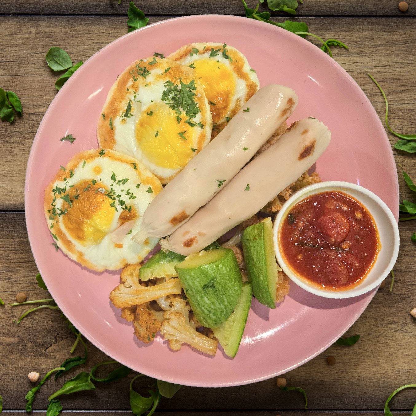 Roasted Eggs w/ Chicken Herb Links, Homemade Tomato Sauce and Side Salad