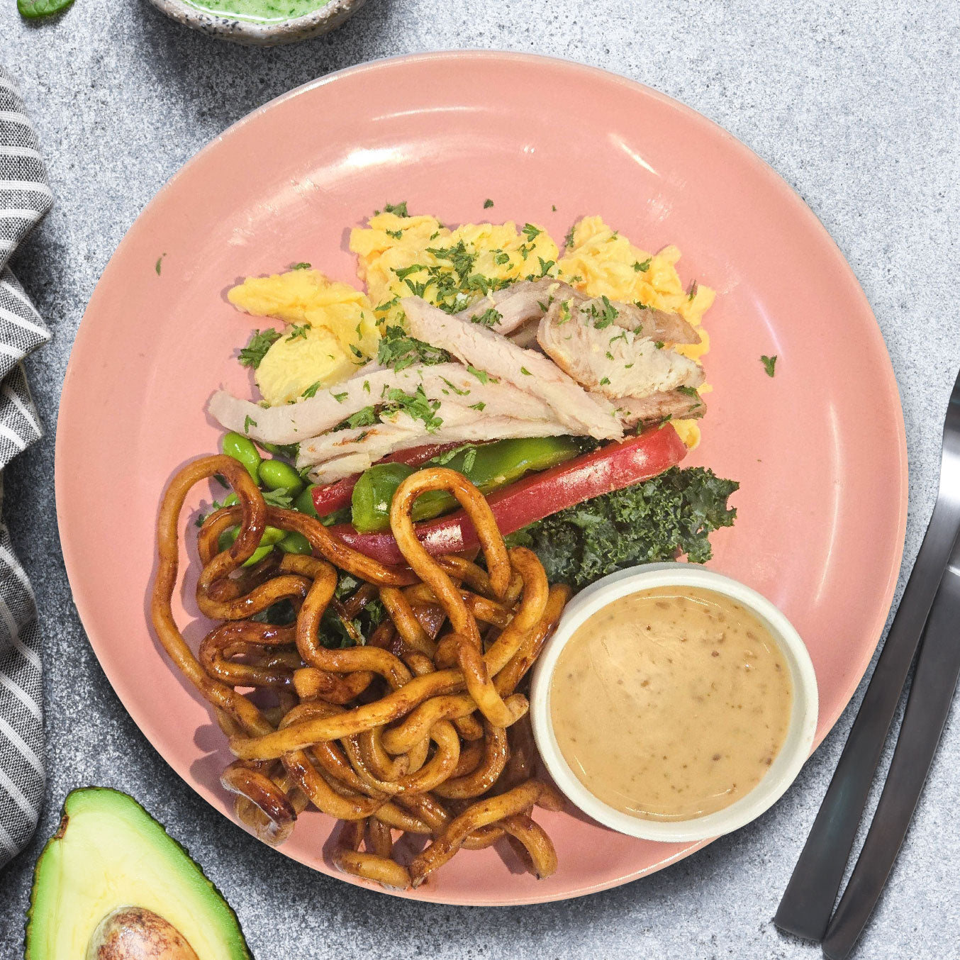 Japanese Style Egg and Lean Pork Udon Breakfast w/ Sesame Dressing