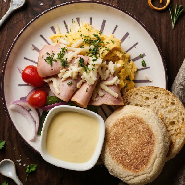 Fittery signature turkey and egg muffin sandwich served with a side of southern ranch salad on a plate.