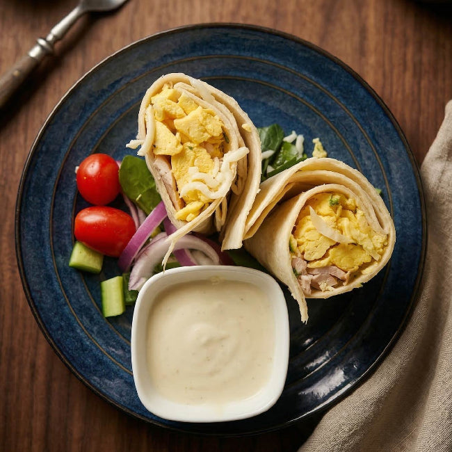 Fittery signature breakfast egg and slow-cooked chicken wrap with southern ranch salad on a plate, ready to eat.