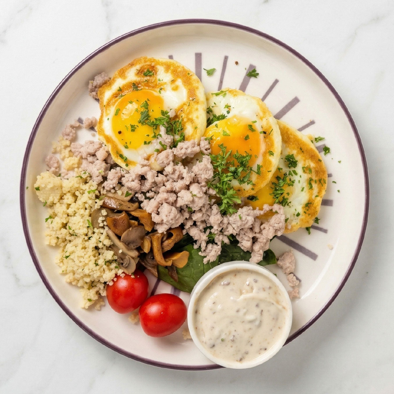 Greek Power Breakfast w/ Baked Eggs, Cumin Spiced Pork and Cous Cous