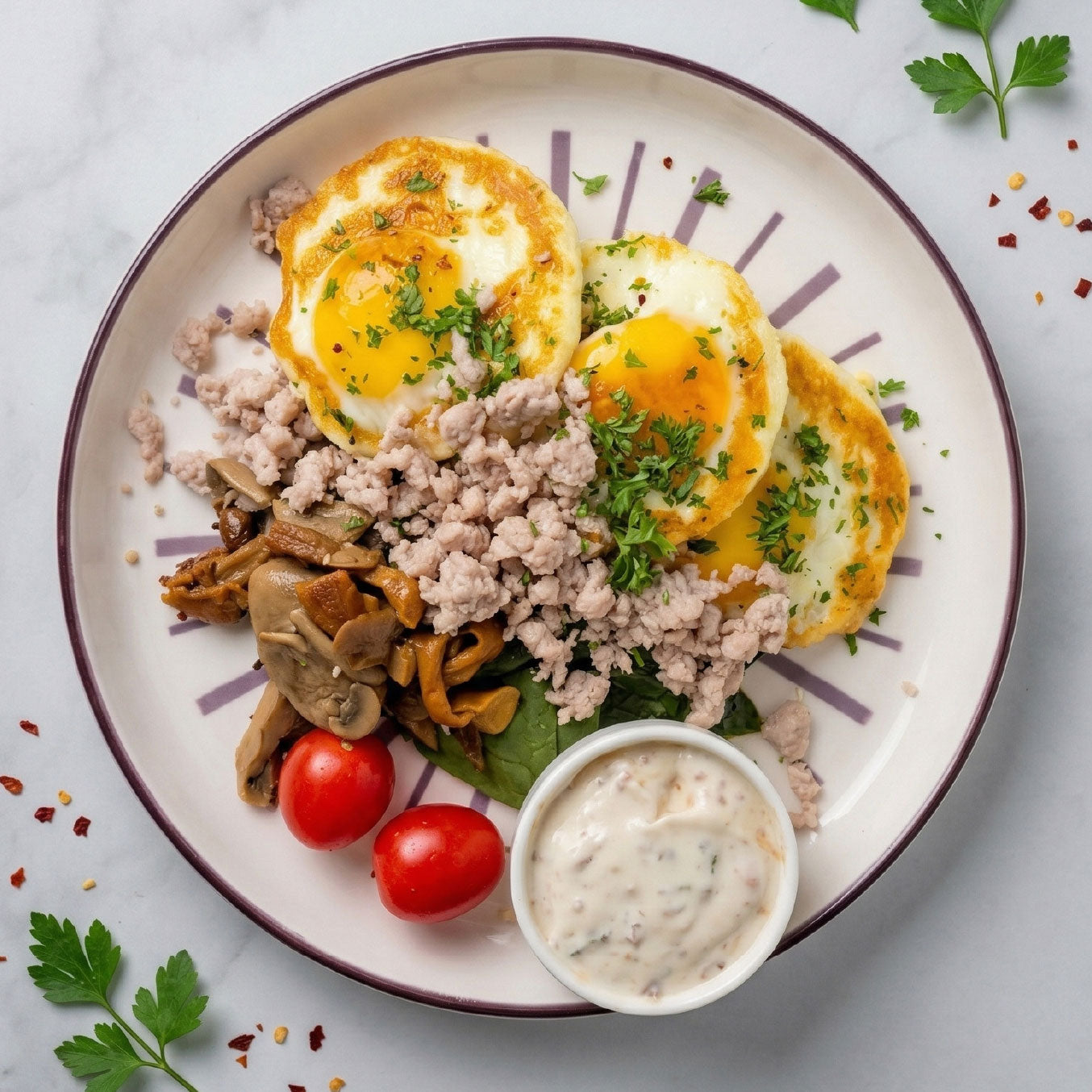 Greek Power Breakfast w/ Baked Eggs, Cumin Spiced Pork and Side Salad