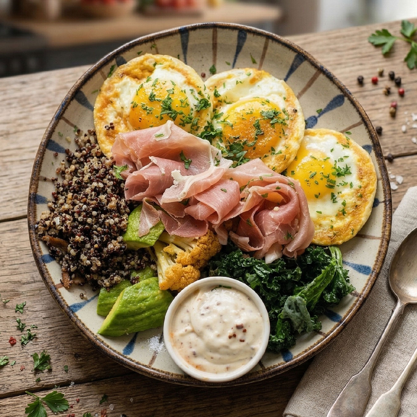 Baked Eggs w/ Prosciutto di Parma w/ Lemon Herb Organic Quinoa