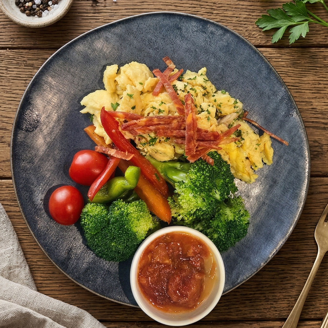 Spanish Chorizo Eggs w/ Side Salad and Seasonal Vegetables