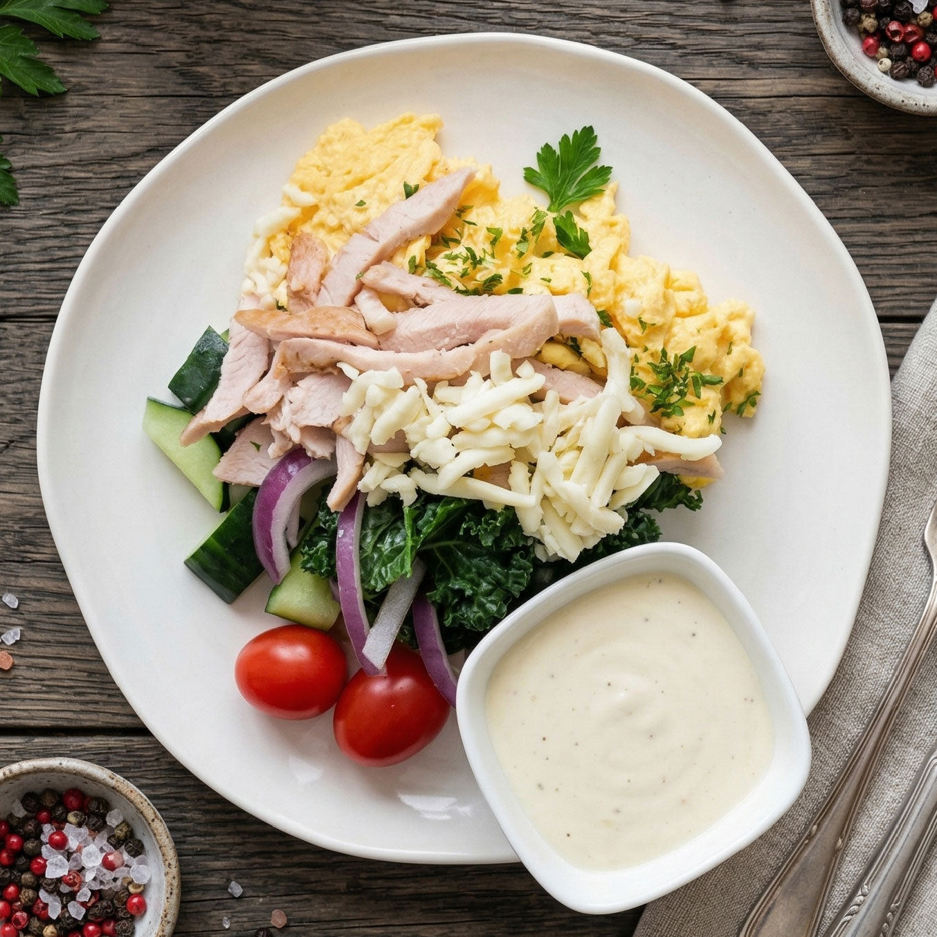 Breakfast Egg and Pork Loin w/ Caesar Kale Salad