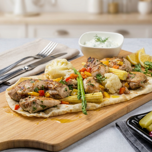 Chicken Souvlaki W/ Seasonal Vegetables, Low-Fat Tzatziki Dressing And Tortilla Bread