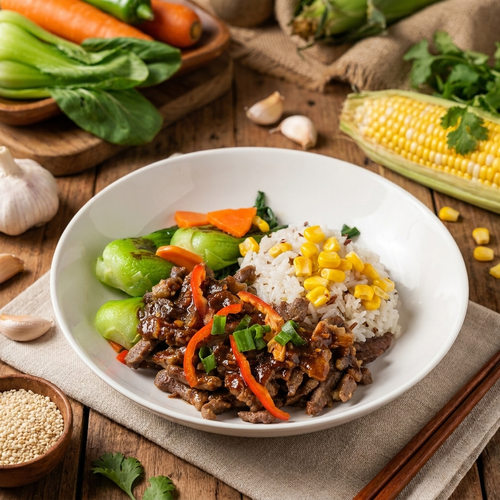 Sautee Garlic Rump Beef W/ Seasonal Vegetable And Corn Mix Grains