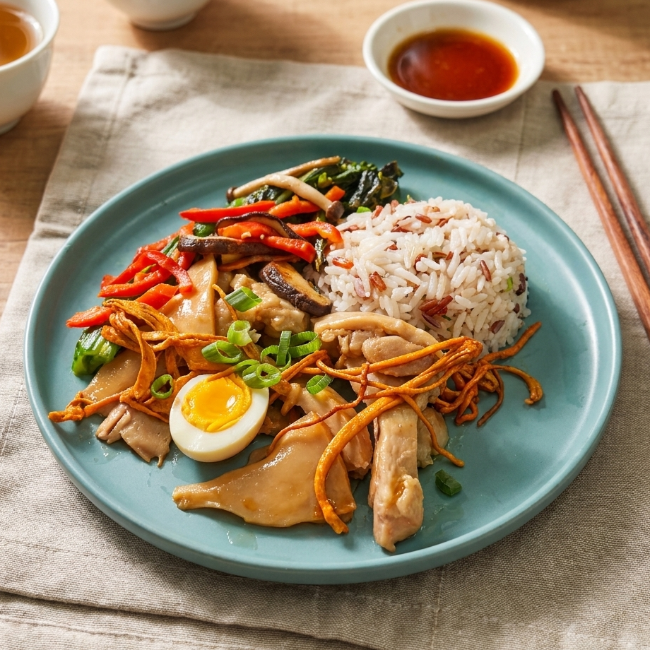 Fittery signature meal featuring Shanghai style chicken with cordyceps, sea whelk, soy-marinated egg, seasonal vegetables, and mixed grain rice.