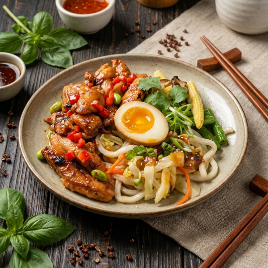 Three Cup Chicken W/ Mixed Peppers, Sauteed Vegetables, Marinated Egg And Chinese Style Noodles