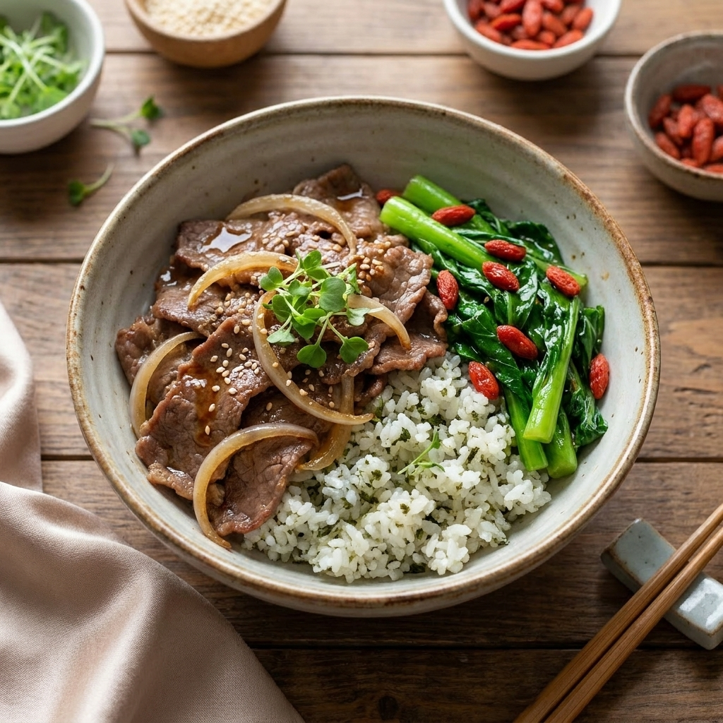 Healthy Japanese Beef Gyudon W/ Asian Greens And Seaweed Pearl Rice
