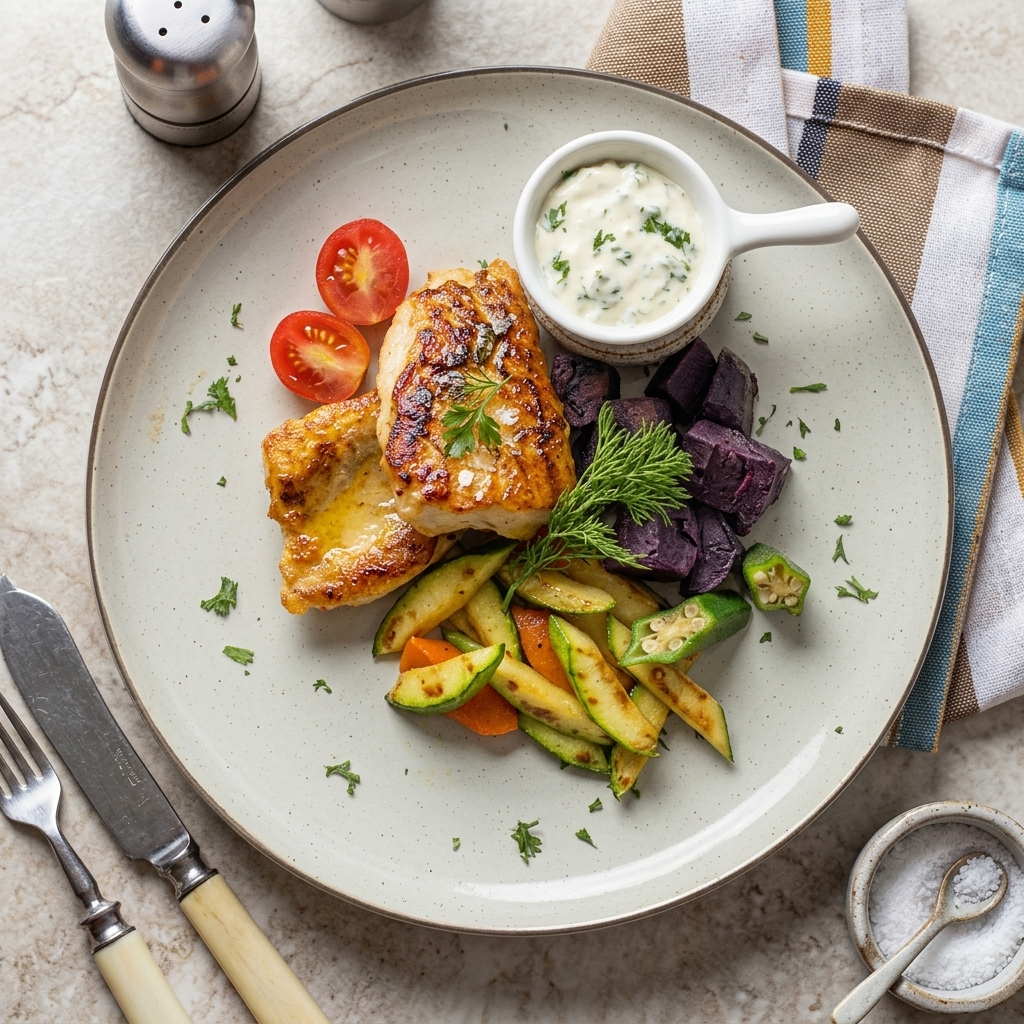 Fittery signature meal featuring grilled wild halibut with baked sweet potato, mixed vegetables, and low-fat tartare sauce