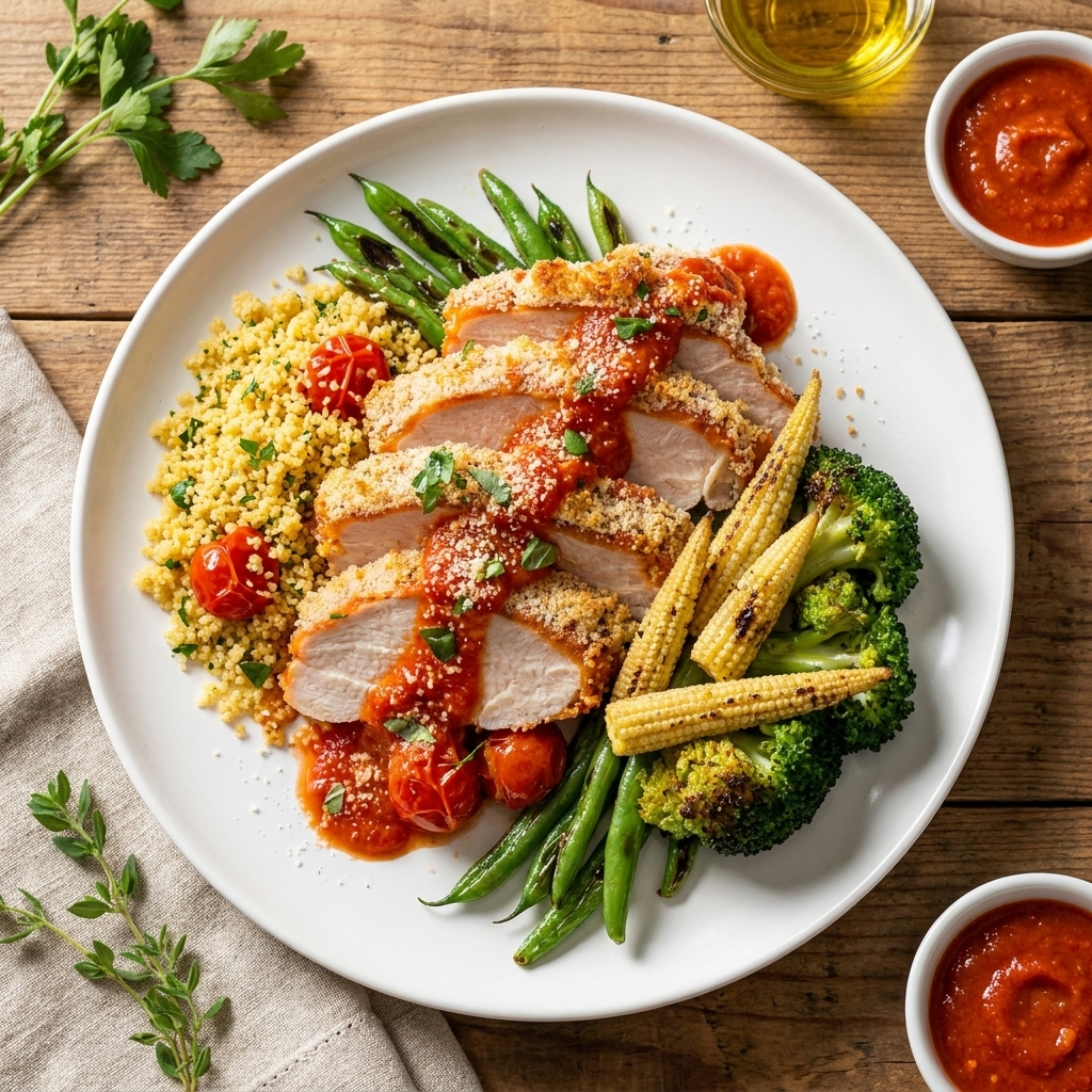 Signature meal featuring low fat chicken parmigiana with healthy greens and Italian couscous on a plate.