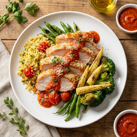 Low Fat Chicken Parmigiana W/ Healthy Greens  And Italian Couscous