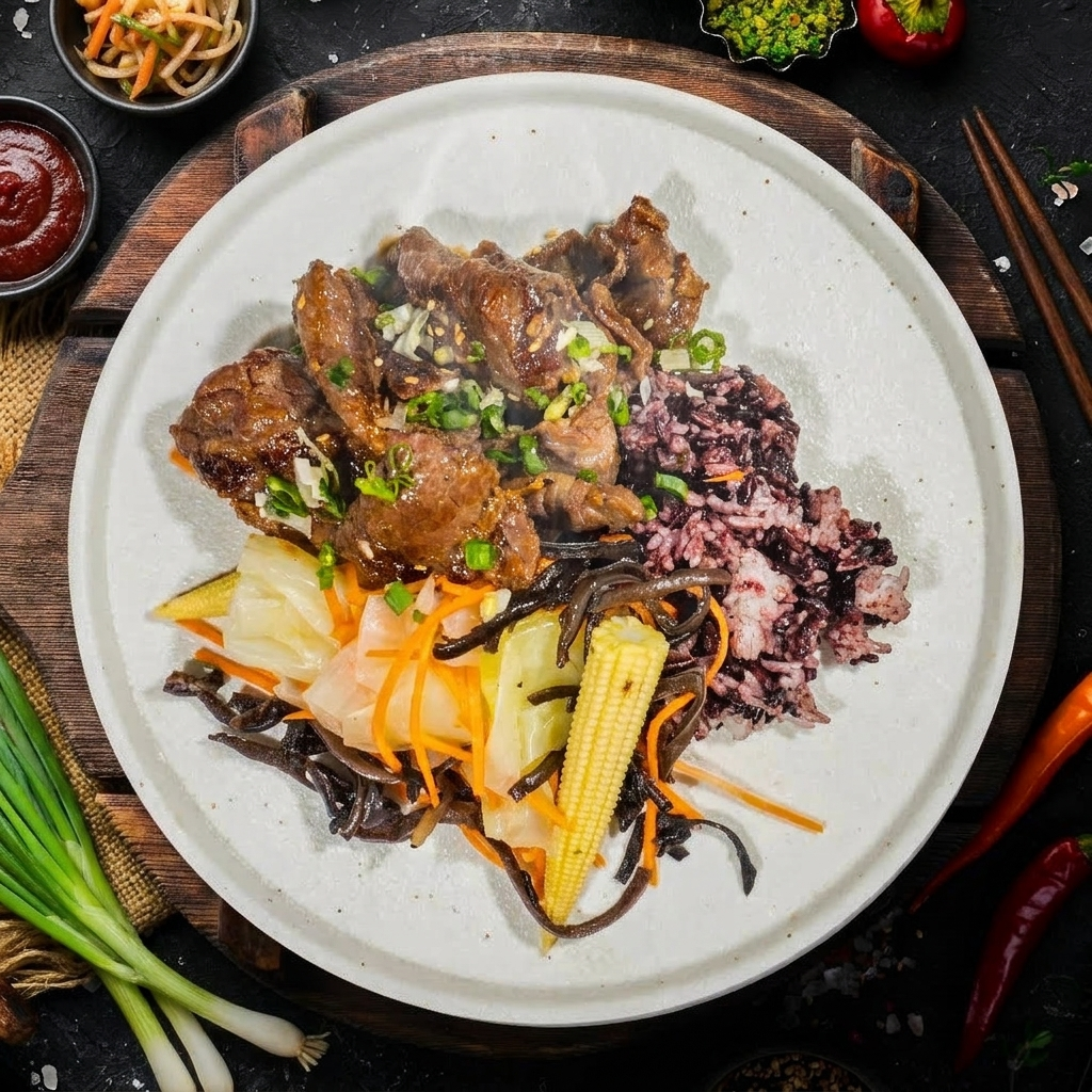 Korean Beef Bulgogi W/ Assorted Stir-Fry Vegetables And Purple Grain Rice