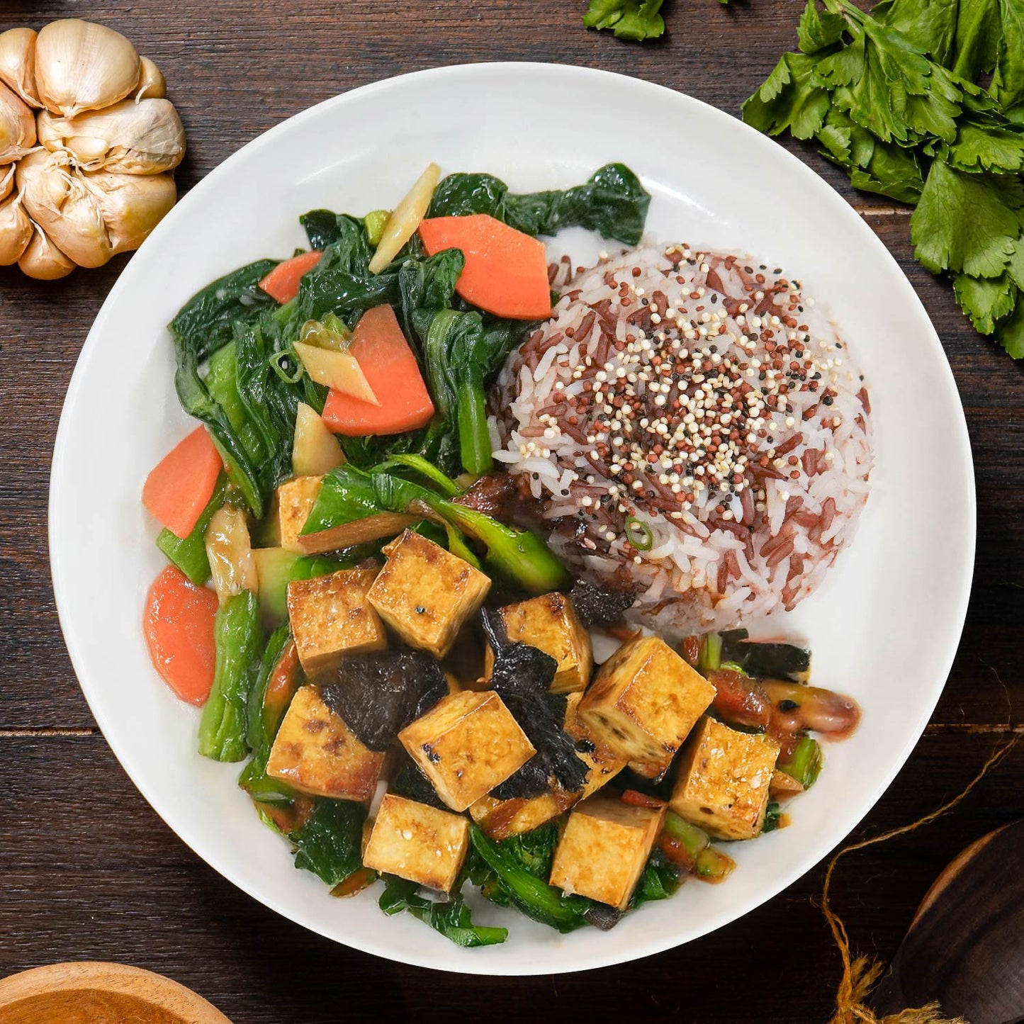 D. Black Garlic Tofu, Seasonal Greens And Jasmine Rice