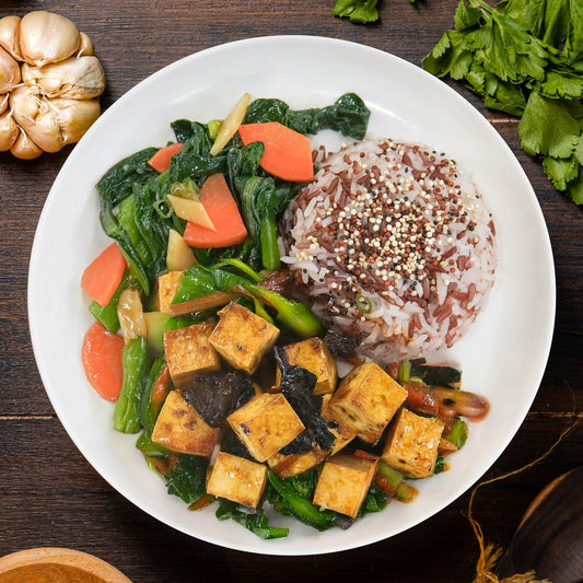 D. Black Garlic Tofu, Seasonal Greens And Jasmine Rice