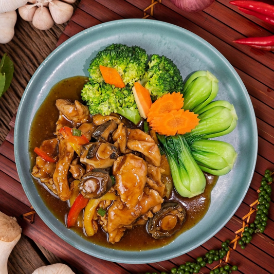 Braised Chicken w/ Sea Whelk in Abalone Sauce, Seasonal Vegetables