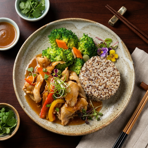 Braised Chicken w/ Sea Whelk in Abalone Sauce, Seasonal Vegetables And Quinoa Rice