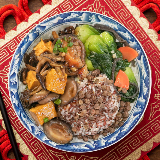 C. Braised Tofu W/ Assorted Mushrooms, Seasonal Vegetable And Jasmine Rice