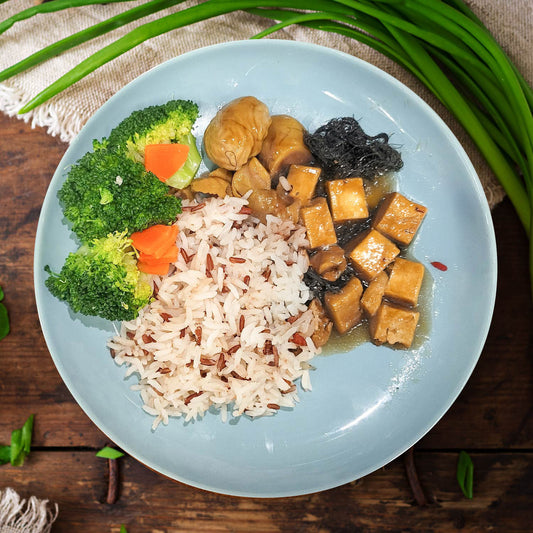 C. Braised Tofu W/ Chestnut And Fat Choy, Seasonal Vegetables And Jasmine Rice