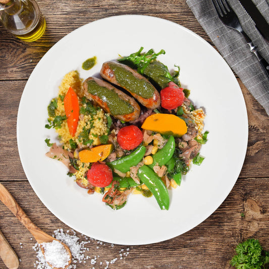 A. Chimichurri Veal Sausages W/ Seasonal Greens And Pumpkin Cous Cous Mix Rice