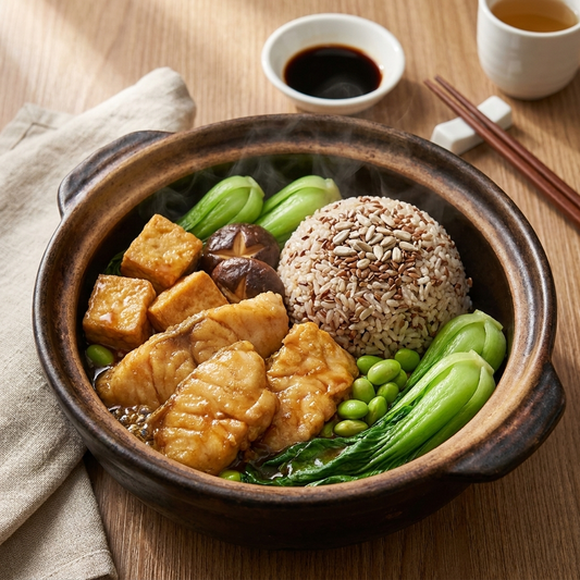 Claypot Style Fish Fillet w/ Tofu, Seasonal Vegetables And Flaxseed Mix Grains
