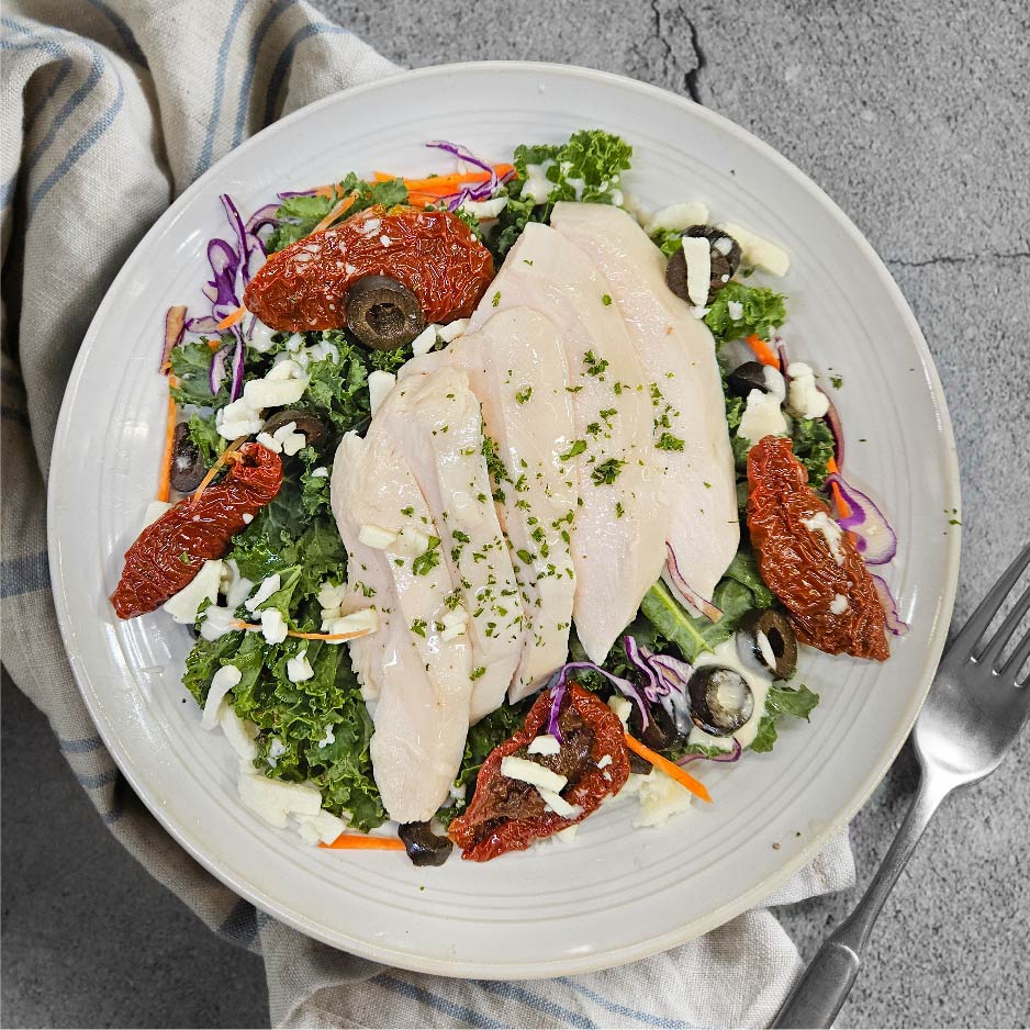 Mediterranean Style Caesar Chicken Kale Salad