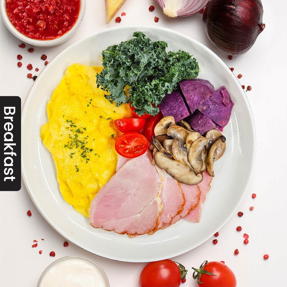 C4.Roasted Gammon Ham w/ Scrambled Eggs & Sweet Potato 金門火腿配炒蛋及番薯 (Del