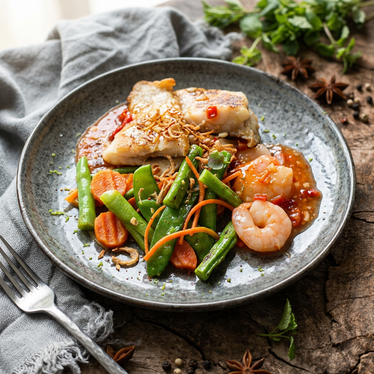 Dried Shallots Stir-Fried Shrimp w/ Fish Fillet, Asian Vegetables