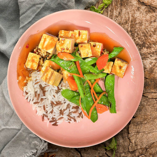 C. Dried Shallots Stir-Fried Tofu, Asian Vegetables And Jasmine Rice