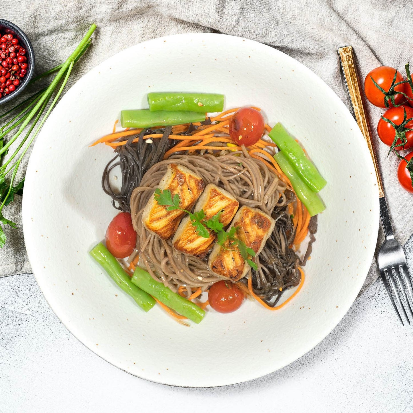 C. Grilled Fish Fillet W/ Asian Vegetables, Soba Noodles And Low-Fat Shanghai Sesame Sauce