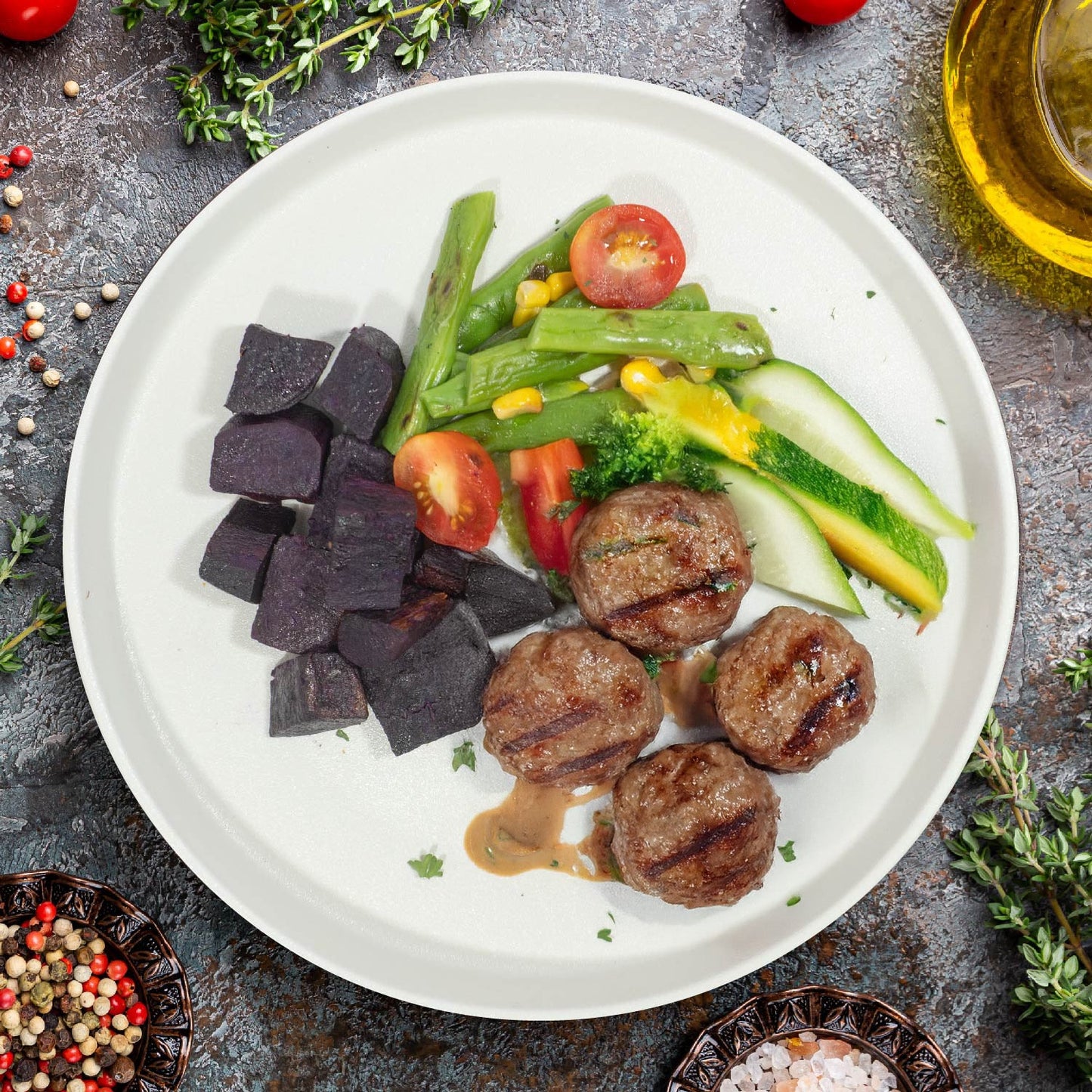 C. Grilled Meat Balls W/ Sautee Vegetables, Sweet Potato And Bordelaise Sauce