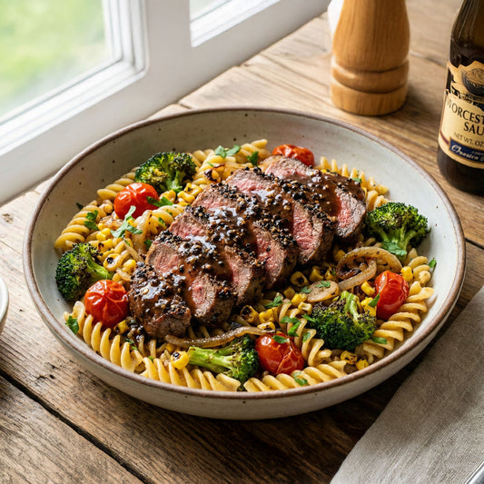 Black Peppercorn Beef Ribeye with Fusilli Pasta