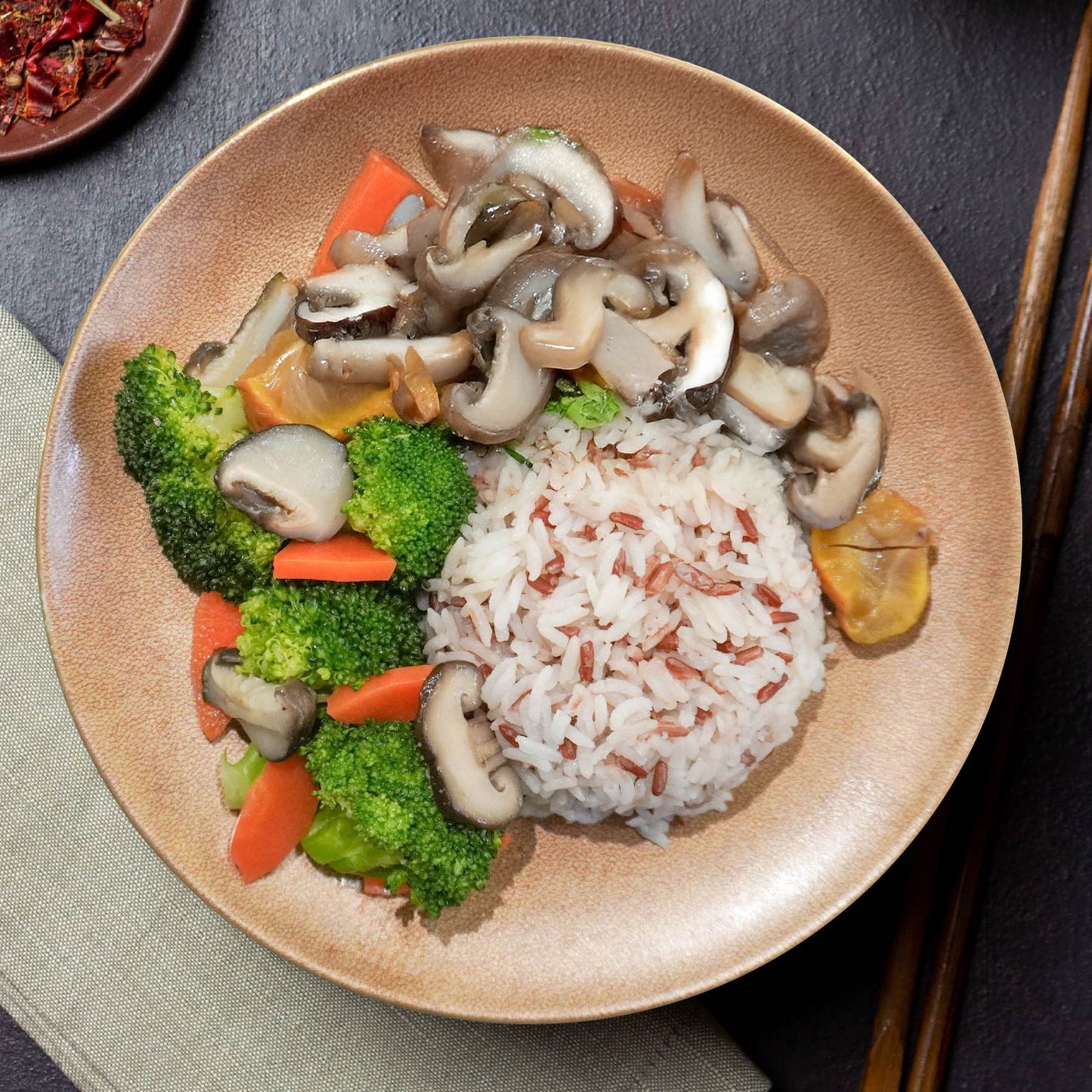D. Healthy Chinese Four Treasure Mushrooms W/ Stir Fried Vegetables And Jasmine Rice