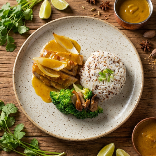 Healthy Curry Lean Pork Loin W/ Seasonal Vegetables And Quinoa Rice