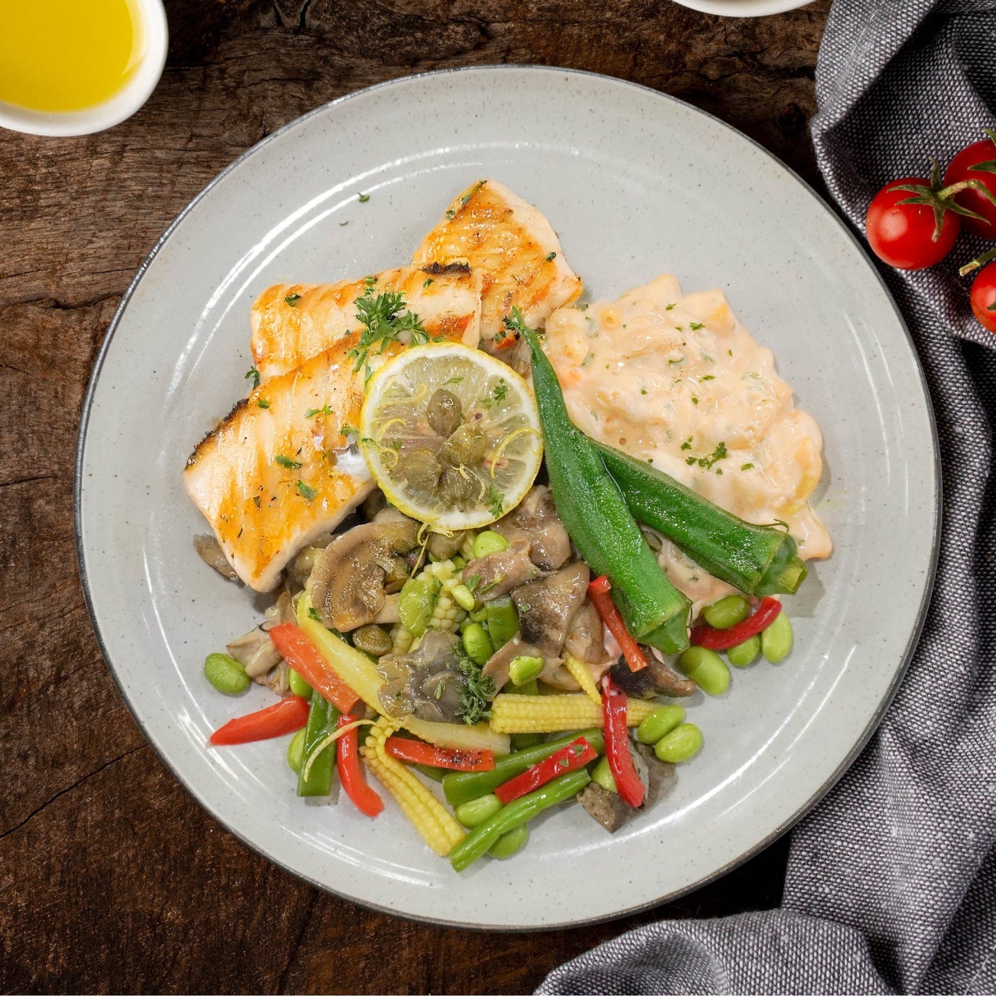 A. Healthy Lemon Capers Grilled Fish W/ Vegetables And Macaroni Salad